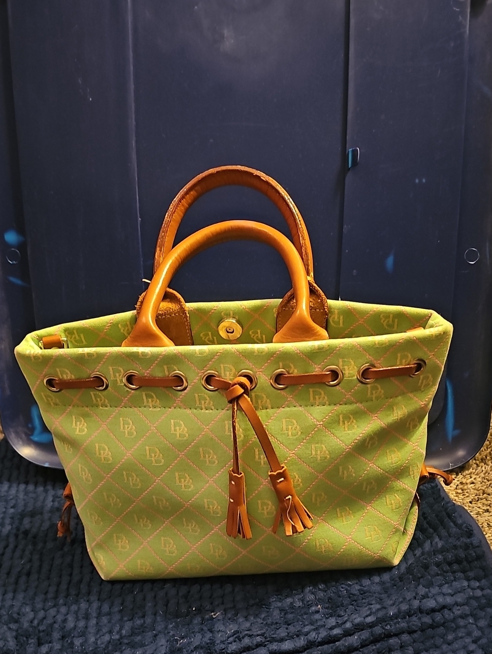 Dooney & Bourke Green Canvas Tote with Tan Leather Trim